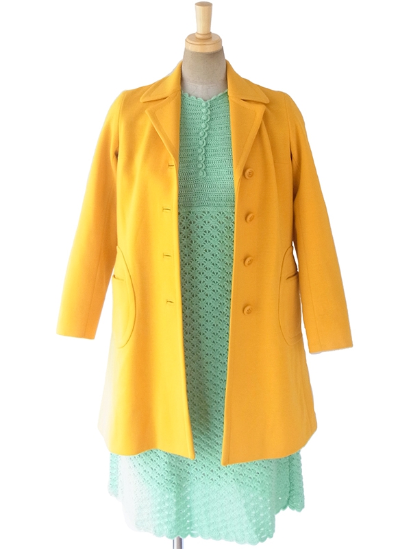 ヨーロッパ古着 60年代フランス製 イエロー X 可愛いポケット ヴィンテージ ウールコート 17FC422