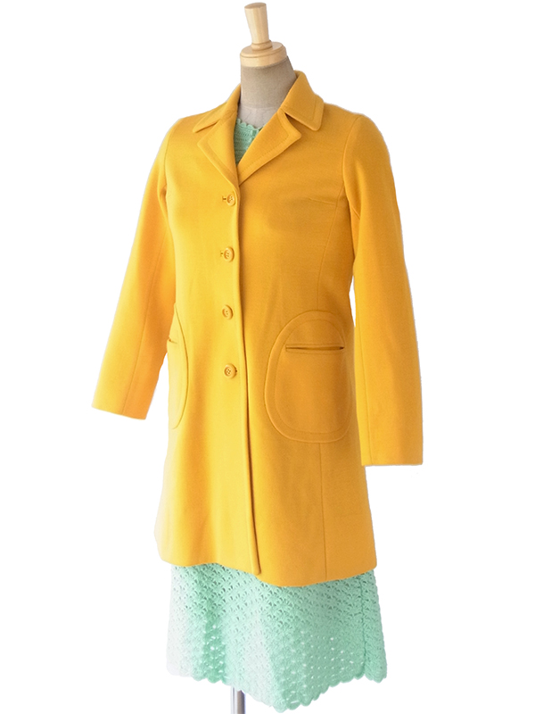 ヨーロッパ古着 60年代フランス製 イエロー X 可愛いポケット ヴィンテージ ウールコート 17FC422