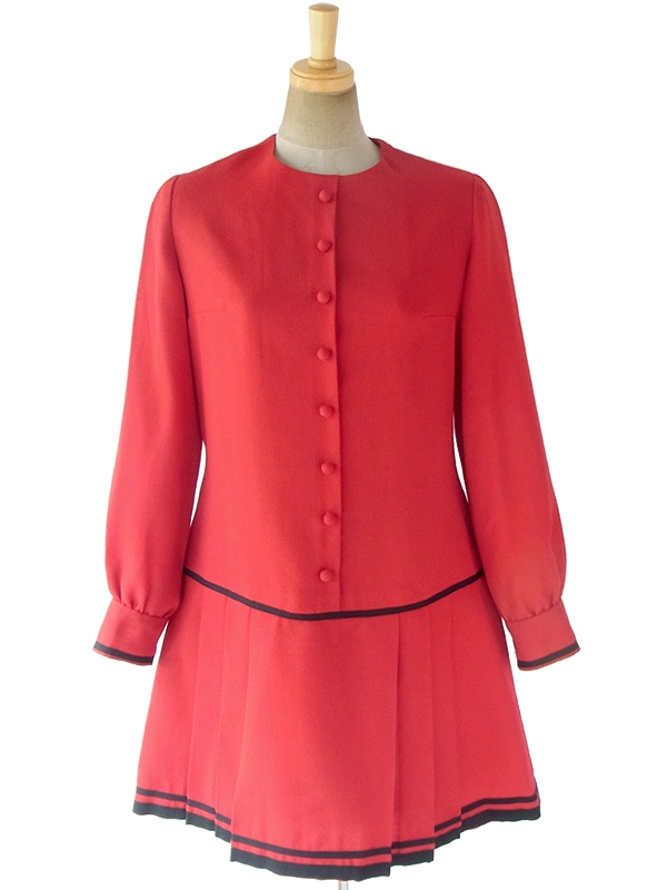 ヨーロッパ古着 60年代フランス製 レッド X ブラック ドロップウェスト 梨地ウールジョーゼット ワンピース 17FC502