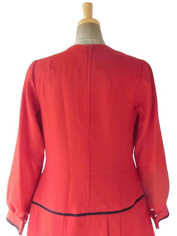 ヨーロッパ古着 60年代フランス製 レッド X ブラック ドロップウェスト 梨地ウールジョーゼット ワンピース 17FC502