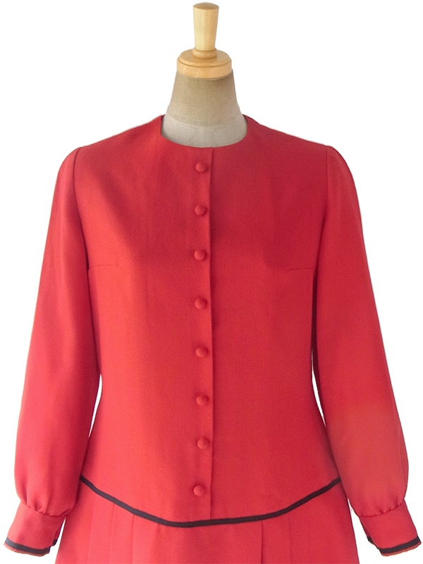 ヨーロッパ古着 60年代フランス製 レッド X ブラック ドロップウェスト 梨地ウールジョーゼット ワンピース 17FC502