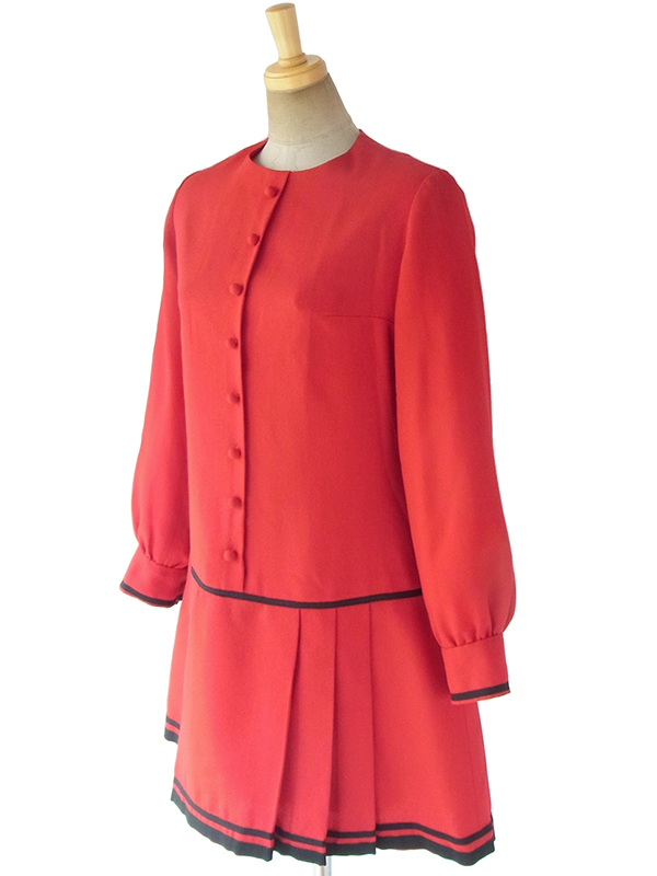 ヨーロッパ古着 60年代フランス製 レッド X ブラック ドロップウェスト 梨地ウールジョーゼット ワンピース 17FC502