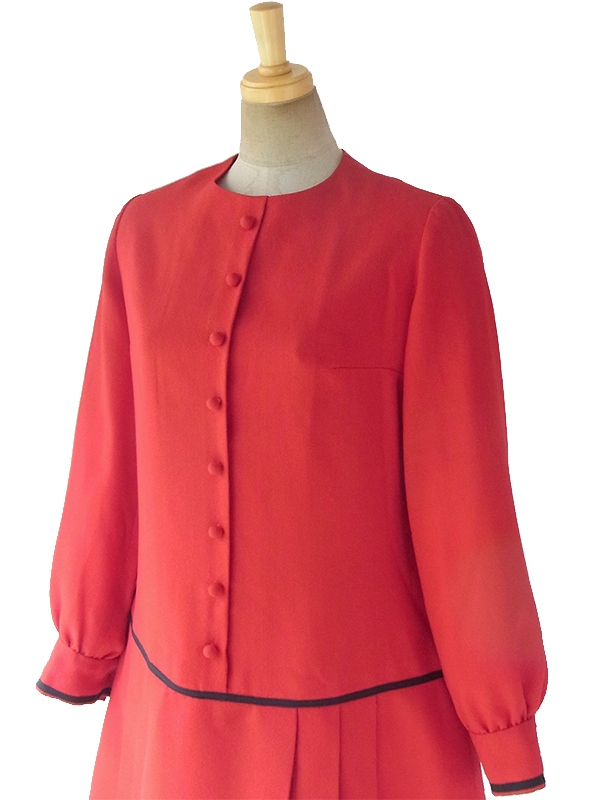 ヨーロッパ古着 60年代フランス製 レッド X ブラック ドロップウェスト 梨地ウールジョーゼット ワンピース 17FC502