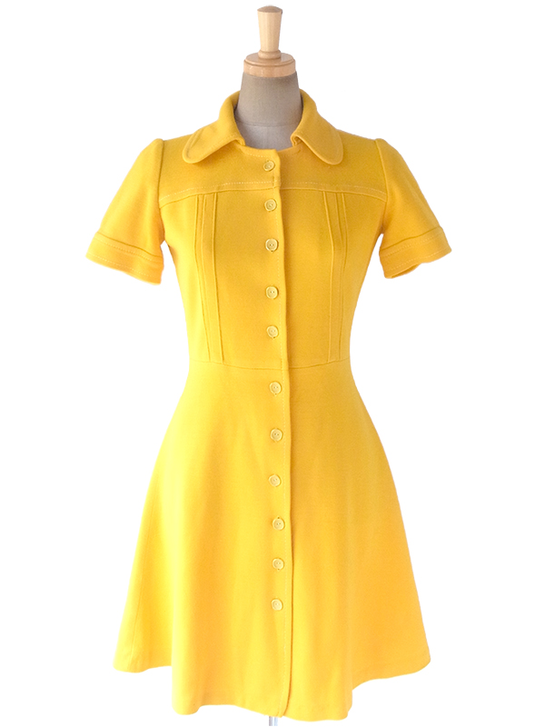 ヨーロッパ古着 フランス買い付け 60年代製 イエロー X ホワイト ビッグステッチ ヴィンテージ ワンピース 17FC503