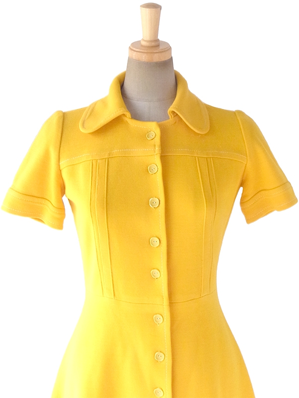 ヨーロッパ古着 フランス買い付け 60年代製 イエロー X ホワイト ビッグステッチ ヴィンテージ ワンピース 17FC503