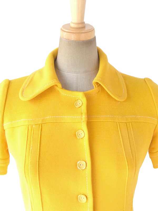 ヨーロッパ古着 フランス買い付け 60年代製 イエロー X ホワイト ビッグステッチ ヴィンテージ ワンピース 17FC503