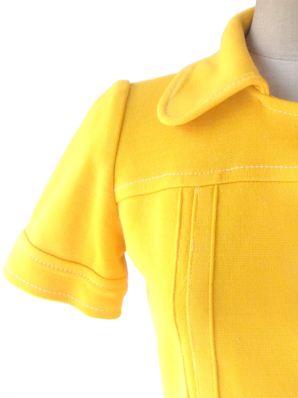 ヨーロッパ古着 フランス買い付け 60年代製 イエロー X ホワイト ビッグステッチ ヴィンテージ ワンピース 17FC503