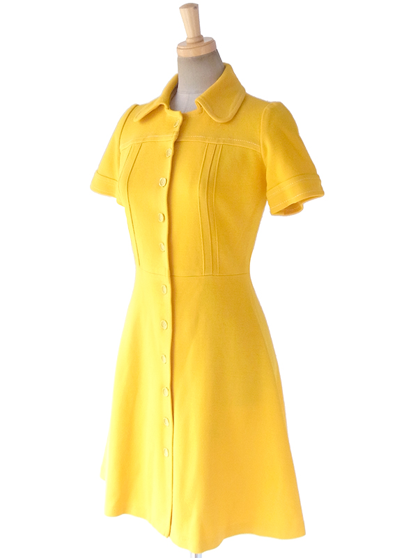 ヨーロッパ古着 フランス買い付け 60年代製 イエロー X ホワイト ビッグステッチ ヴィンテージ ワンピース 17FC503