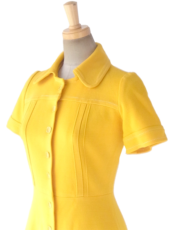 ヨーロッパ古着 フランス買い付け 60年代製 イエロー X ホワイト ビッグステッチ ヴィンテージ ワンピース 17FC503