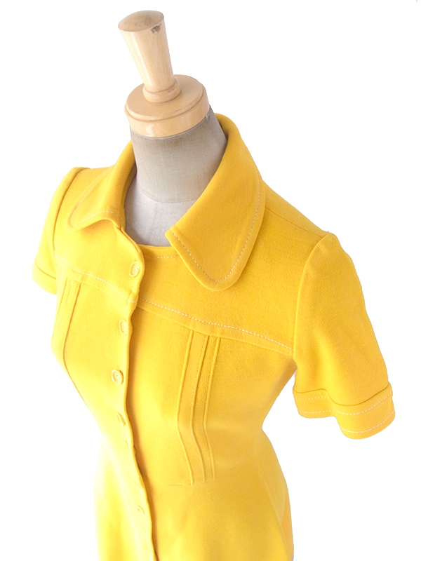 ヨーロッパ古着 フランス買い付け 60年代製 イエロー X ホワイト ビッグステッチ ヴィンテージ ワンピース 17FC503