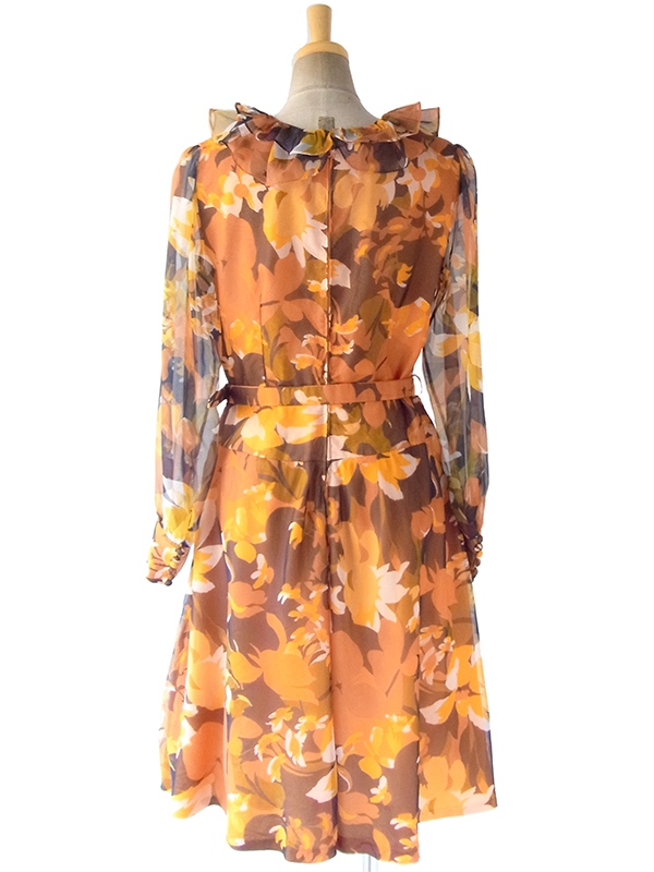ヨーロッパ古着 フランス買い付け 70年代製 オレンジ X ブラウン 花柄プリント フリル襟 共布ベルト付き ワンピース 17FC506