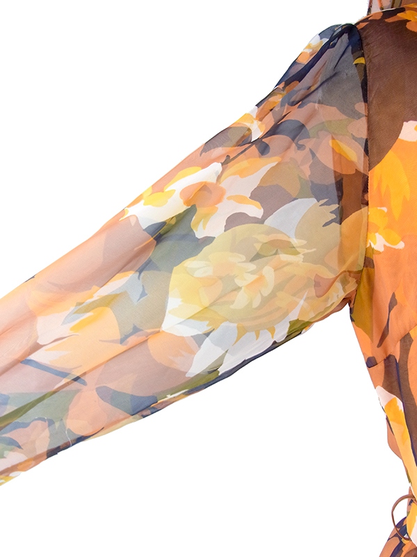 ヨーロッパ古着 フランス買い付け 70年代製 オレンジ X ブラウン 花柄プリント フリル襟 共布ベルト付き ワンピース 17FC506