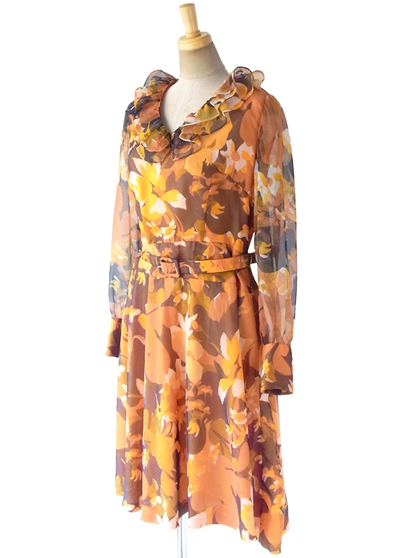 ヨーロッパ古着 フランス買い付け 70年代製 オレンジ X ブラウン 花柄プリント フリル襟 共布ベルト付き ワンピース 17FC506