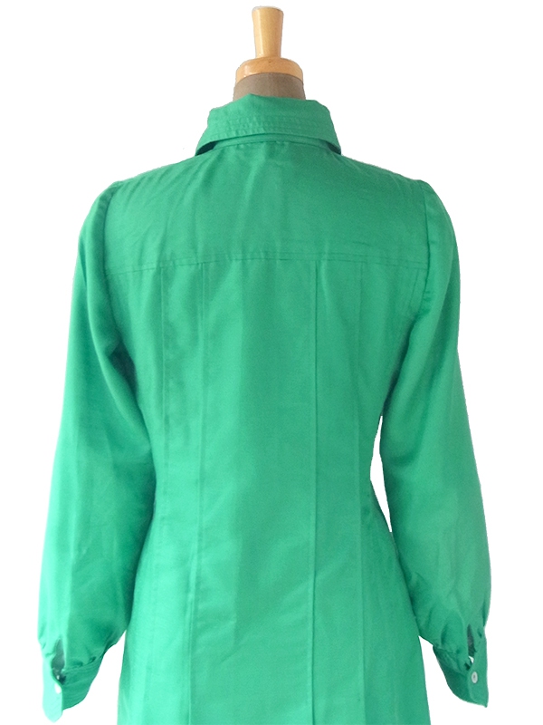 ヨーロッパ古着 60年代フランス製 光沢のあるエメラルドグリーン X ステッチデザイン サテン ワンピース 17FC507