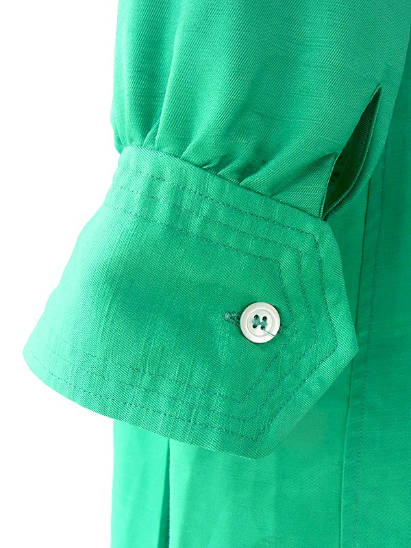 ヨーロッパ古着 60年代フランス製 光沢のあるエメラルドグリーン X ステッチデザイン サテン ワンピース 17FC507