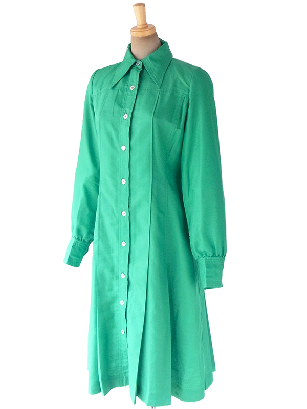 ヨーロッパ古着 60年代フランス製 光沢のあるエメラルドグリーン X ステッチデザイン サテン ワンピース 17FC507