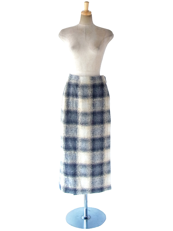 ヨーロッパ古着 フランス買い付け 60年代製 オフホワイト X ブラック チェック柄 ミックスツイード ラップスカート 17FC515