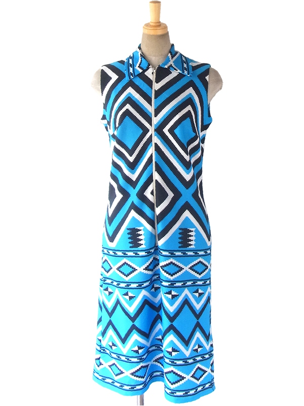 ヨーロッパ古着 ロンドン買い付け 70年代製 ブルー X ブラック・ホワイト 幾何学模様 フロントジップ ワンピース 17OM333