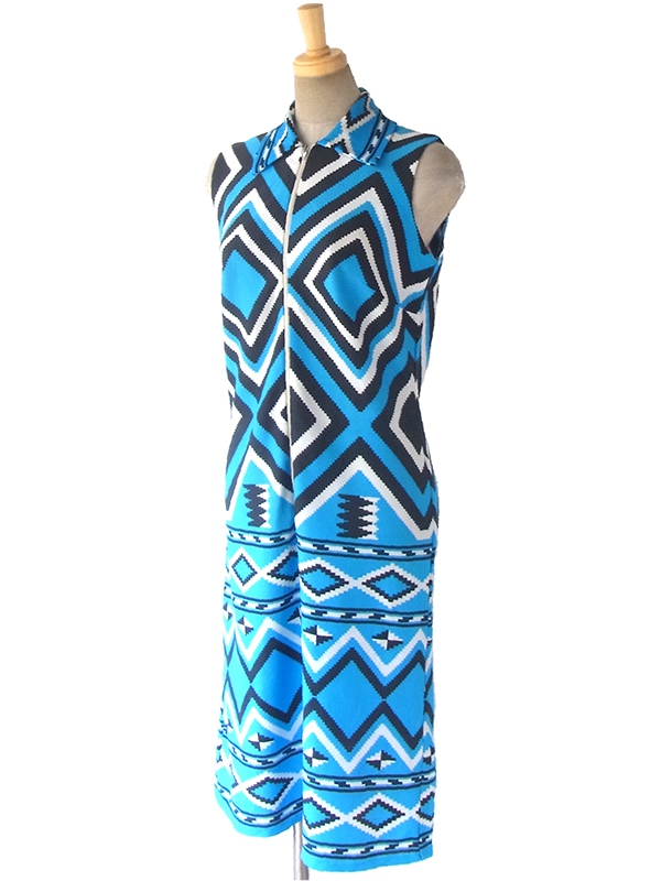 ヨーロッパ古着 ロンドン買い付け 70年代製 ブルー X ブラック・ホワイト 幾何学模様 フロントジップ ワンピース 17OM333