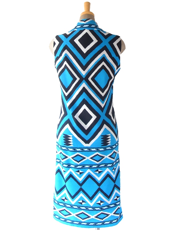 ヨーロッパ古着 ロンドン買い付け 70年代製 ブルー X ブラック・ホワイト 幾何学模様 フロントジップ ワンピース 17OM333