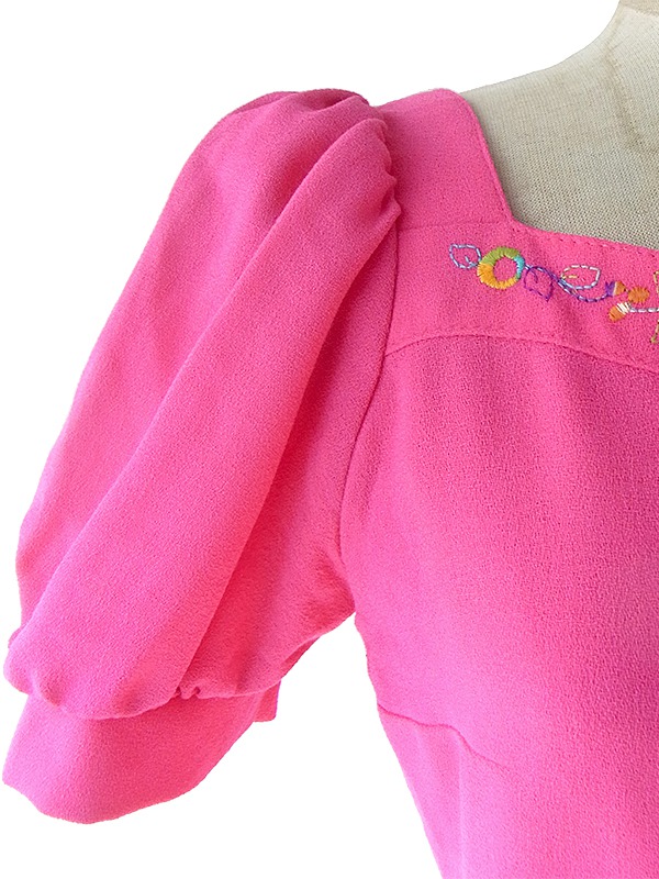 ヨーロッパ古着 ロンドン買い付け 60年代製 マゼンダ X 花柄刺繍 パフスリーブ プリーツ ワンピース 17OM505