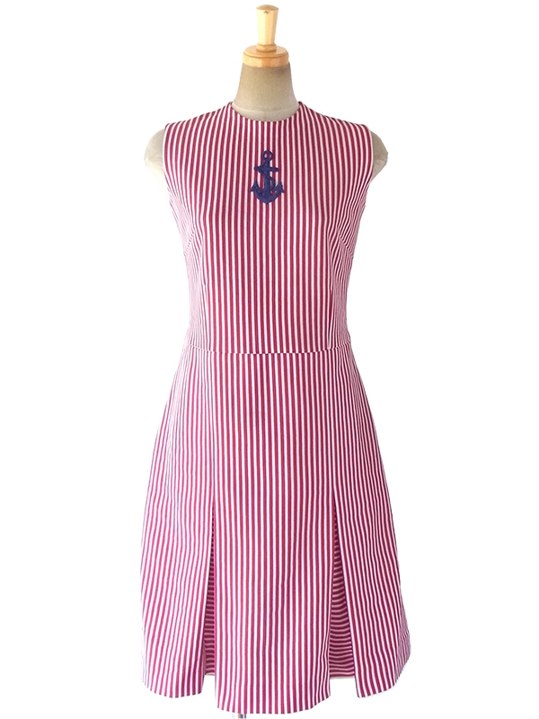 【送料無料】70年代フランス製 エンジ X ホワイト ストライプ 錨柄刺繍 デッドストック プリーツ ワンピース 17OM600【未使用品】
