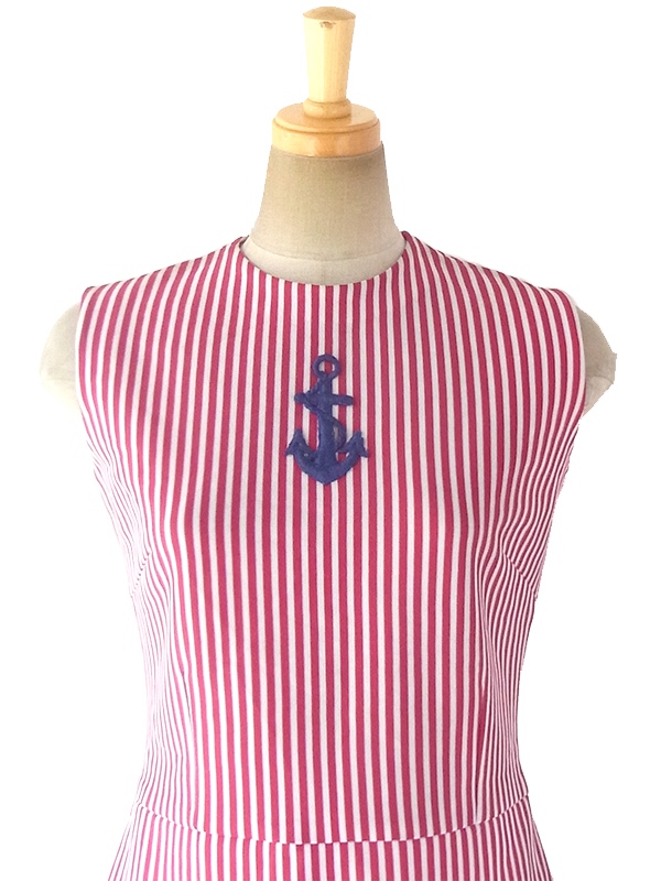 【送料無料】70年代フランス製 エンジ X ホワイト ストライプ 錨柄刺繍 デッドストック プリーツ ワンピース 17OM600【未使用品】