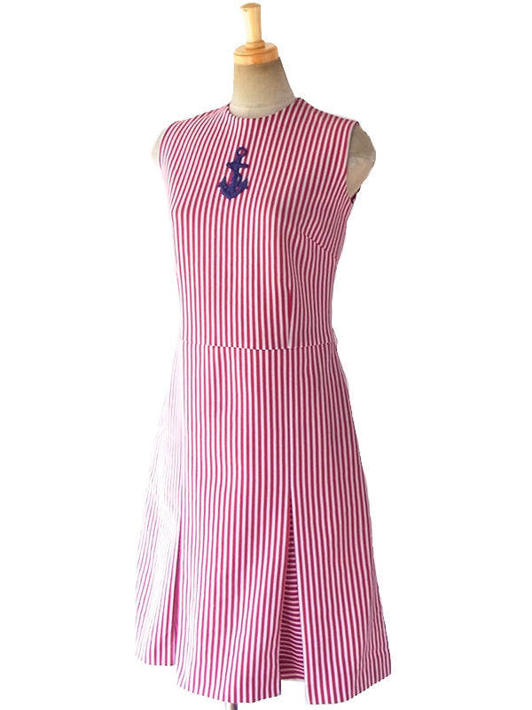 【送料無料】70年代フランス製 エンジ X ホワイト ストライプ 錨柄刺繍 デッドストック プリーツ ワンピース 17OM600【未使用品】