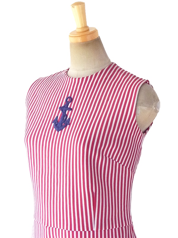 【送料無料】70年代フランス製 エンジ X ホワイト ストライプ 錨柄刺繍 デッドストック プリーツ ワンピース 17OM600【未使用品】