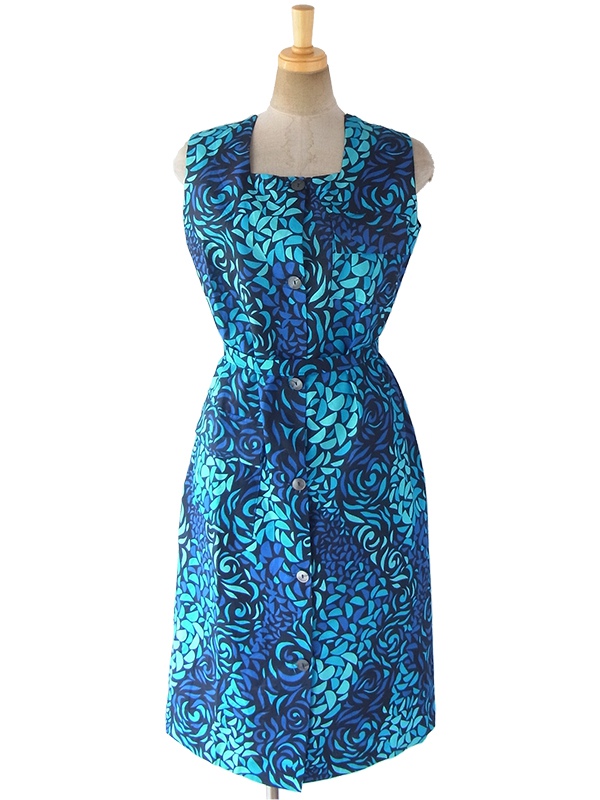 【送料無料】60年代フランス製 ブラック X エメラルドブルー・ブルー リーフ柄 共布ベルト付き デッドストック ワンピース 17OM603【未使用品】