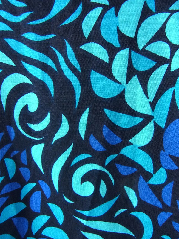 【送料無料】60年代フランス製 ブラック X エメラルドブルー・ブルー リーフ柄 共布ベルト付き デッドストック ワンピース 17OM603【未使用品】