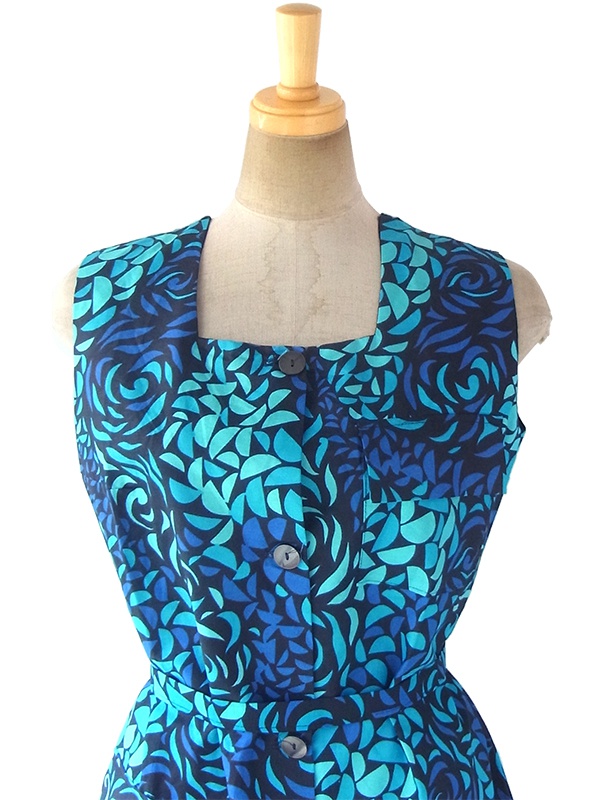【送料無料】60年代フランス製 ブラック X エメラルドブルー・ブルー リーフ柄 共布ベルト付き デッドストック ワンピース 17OM603【未使用品】