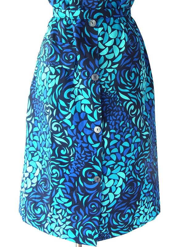 【送料無料】60年代フランス製 ブラック X エメラルドブルー・ブルー リーフ柄 共布ベルト付き デッドストック ワンピース 17OM603【未使用品】