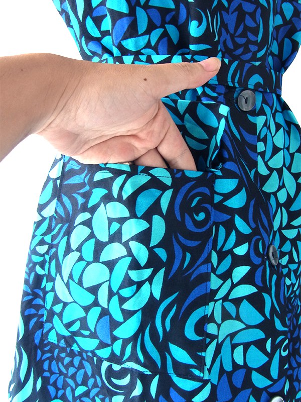 【送料無料】60年代フランス製 ブラック X エメラルドブルー・ブルー リーフ柄 共布ベルト付き デッドストック ワンピース 17OM603【未使用品】