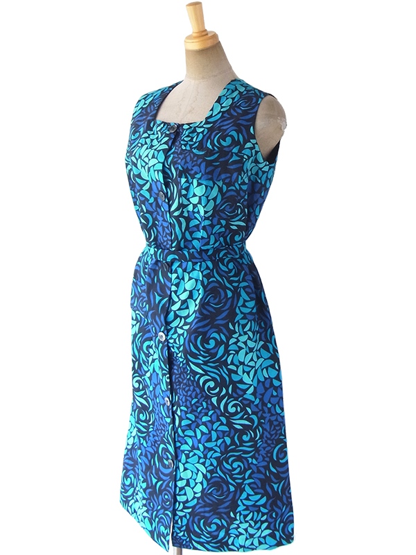 【送料無料】60年代フランス製 ブラック X エメラルドブルー・ブルー リーフ柄 共布ベルト付き デッドストック ワンピース 17OM603【未使用品】