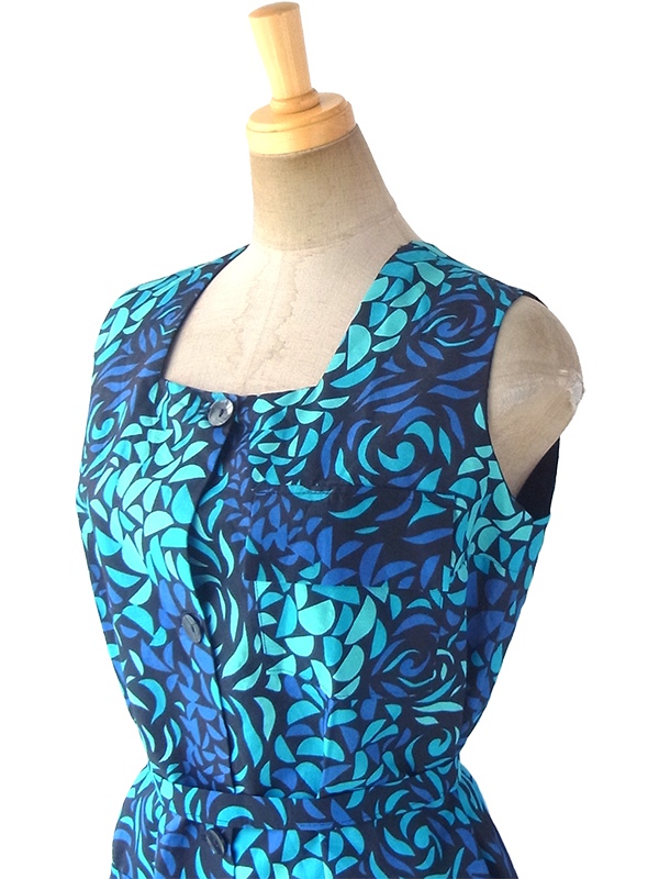 【送料無料】60年代フランス製 ブラック X エメラルドブルー・ブルー リーフ柄 共布ベルト付き デッドストック ワンピース 17OM603【未使用品】