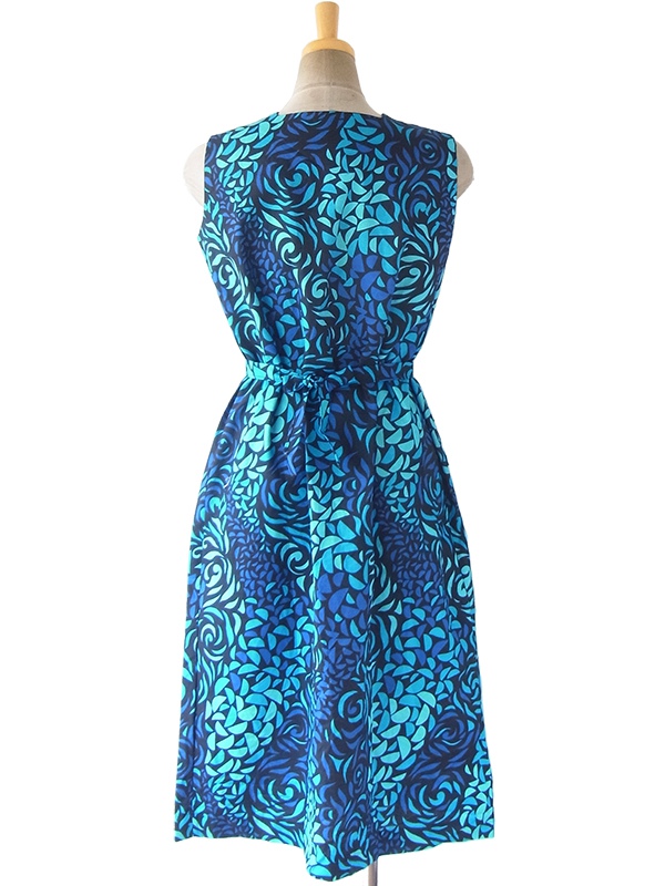 【送料無料】60年代フランス製 ブラック X エメラルドブルー・ブルー リーフ柄 共布ベルト付き デッドストック ワンピース 17OM603【未使用品】