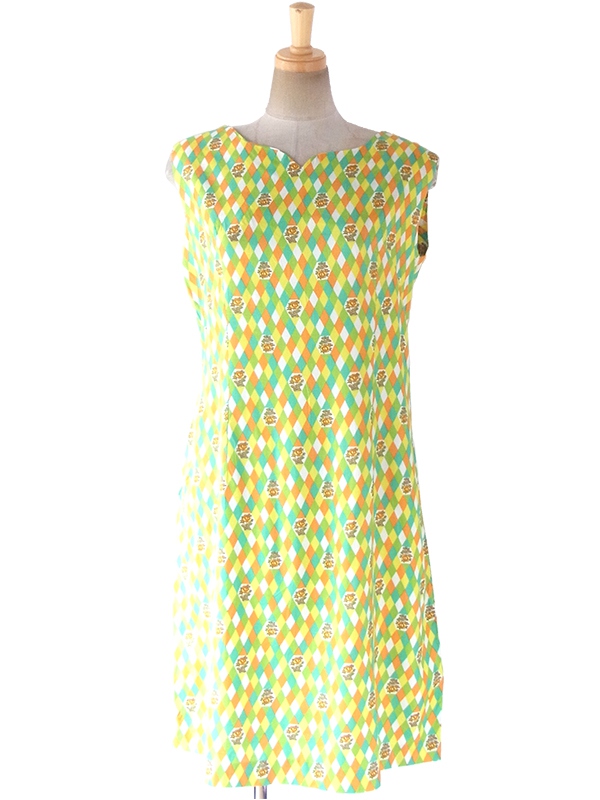 【送料無料】60年代フランス製 グリーン・イエロー・オレンジ・ホワイト ダイヤ・花柄 デッドストック ワンピース 17OM604【未使用品】
