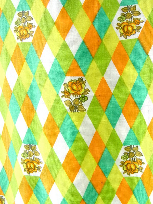 【送料無料】60年代フランス製 グリーン・イエロー・オレンジ・ホワイト ダイヤ・花柄 デッドストック ワンピース 17OM604【未使用品】