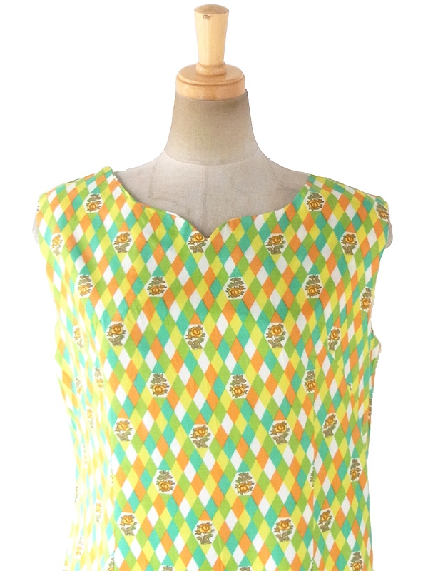 【送料無料】60年代フランス製 グリーン・イエロー・オレンジ・ホワイト ダイヤ・花柄 デッドストック ワンピース 17OM604【未使用品】