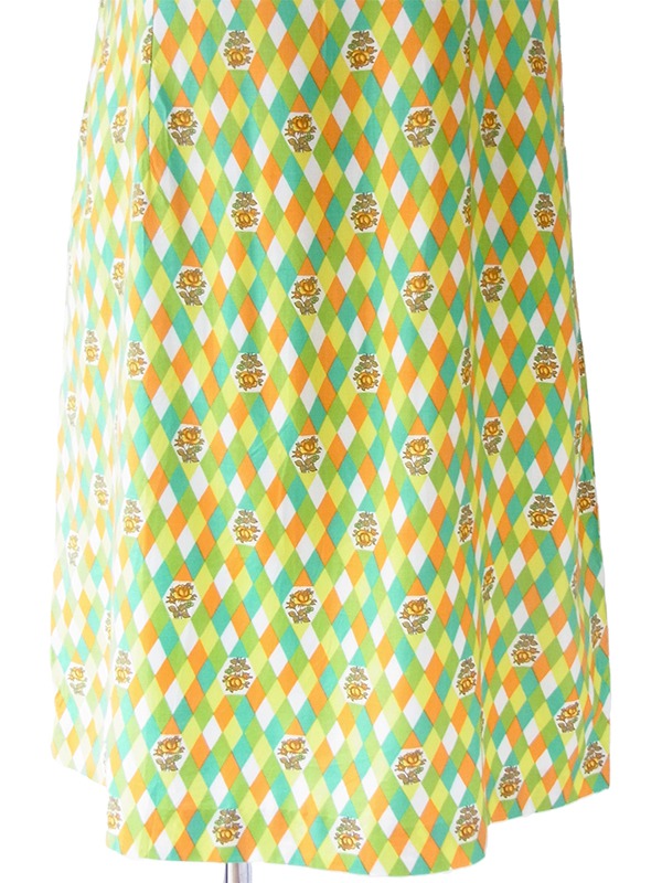 【送料無料】60年代フランス製 グリーン・イエロー・オレンジ・ホワイト ダイヤ・花柄 デッドストック ワンピース 17OM604【未使用品】