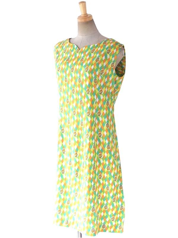 【送料無料】60年代フランス製 グリーン・イエロー・オレンジ・ホワイト ダイヤ・花柄 デッドストック ワンピース 17OM604【未使用品】