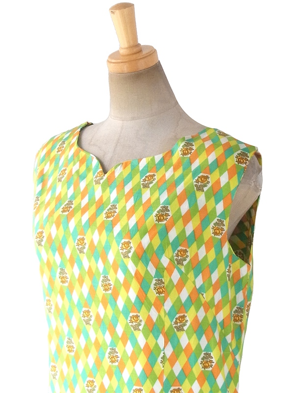 【送料無料】60年代フランス製 グリーン・イエロー・オレンジ・ホワイト ダイヤ・花柄 デッドストック ワンピース 17OM604【未使用品】