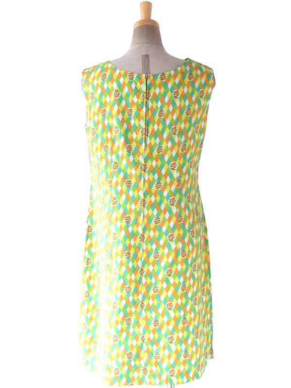 【送料無料】60年代フランス製 グリーン・イエロー・オレンジ・ホワイト ダイヤ・花柄 デッドストック ワンピース 17OM604【未使用品】