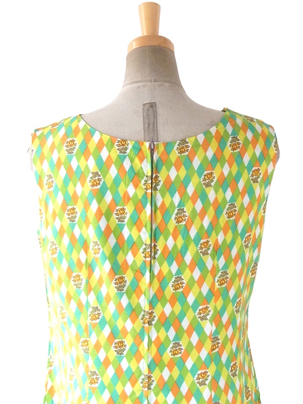 【送料無料】60年代フランス製 グリーン・イエロー・オレンジ・ホワイト ダイヤ・花柄 デッドストック ワンピース 17OM604【未使用品】