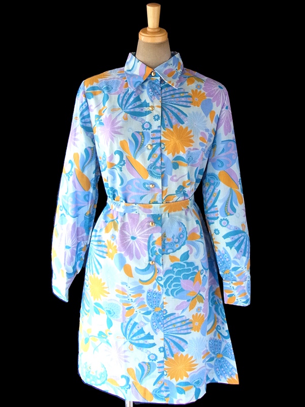 ヨーロッパ古着 60年代フランス製 水色 X オレンジ・パープル 花柄 共布ベルト付き デッドストック ワンピース 17OM605