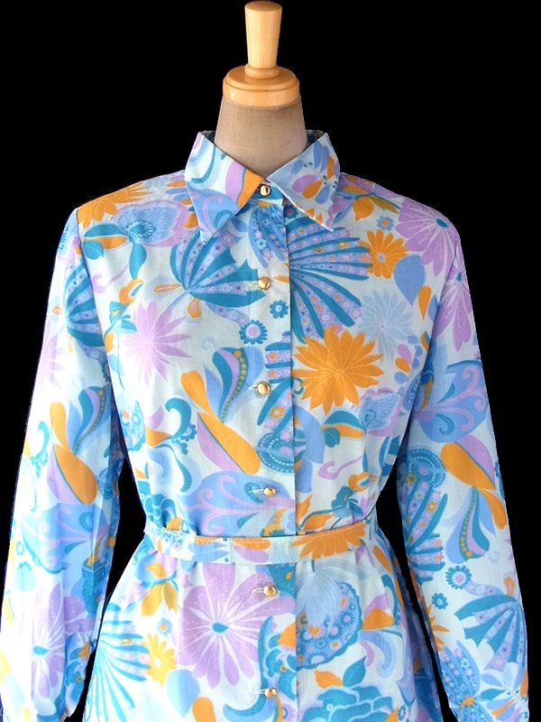 ヨーロッパ古着 60年代フランス製 水色 X オレンジ・パープル 花柄 共布ベルト付き デッドストック ワンピース 17OM605