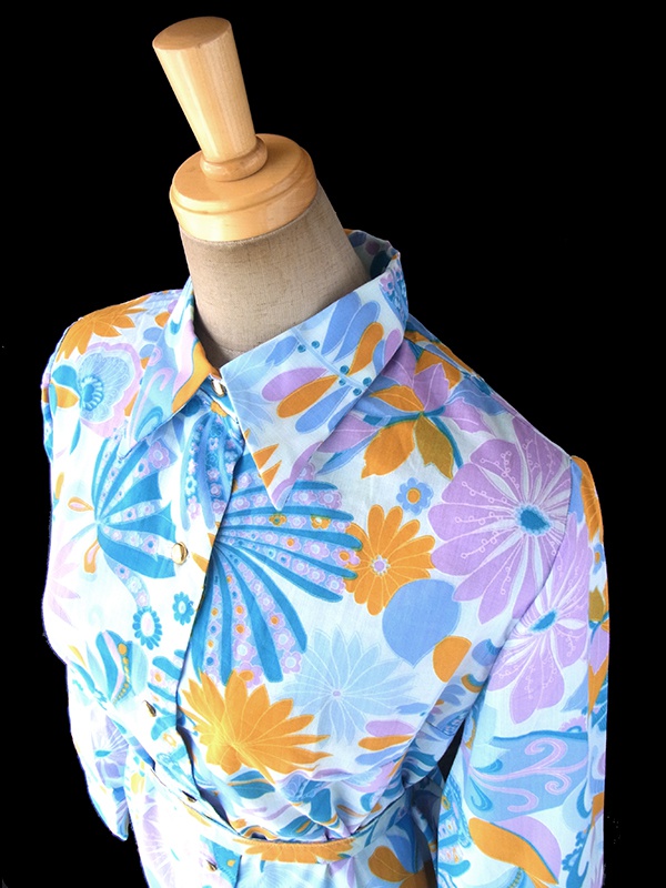 ヨーロッパ古着 60年代フランス製 水色 X オレンジ・パープル 花柄 共布ベルト付き デッドストック ワンピース 17OM605