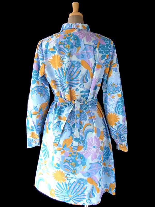 ヨーロッパ古着 60年代フランス製 水色 X オレンジ・パープル 花柄 共布ベルト付き デッドストック ワンピース 17OM605