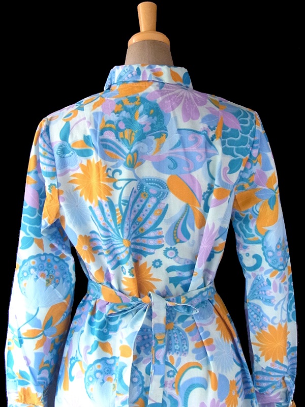 ヨーロッパ古着 60年代フランス製 水色 X オレンジ・パープル 花柄 共布ベルト付き デッドストック ワンピース 17OM605